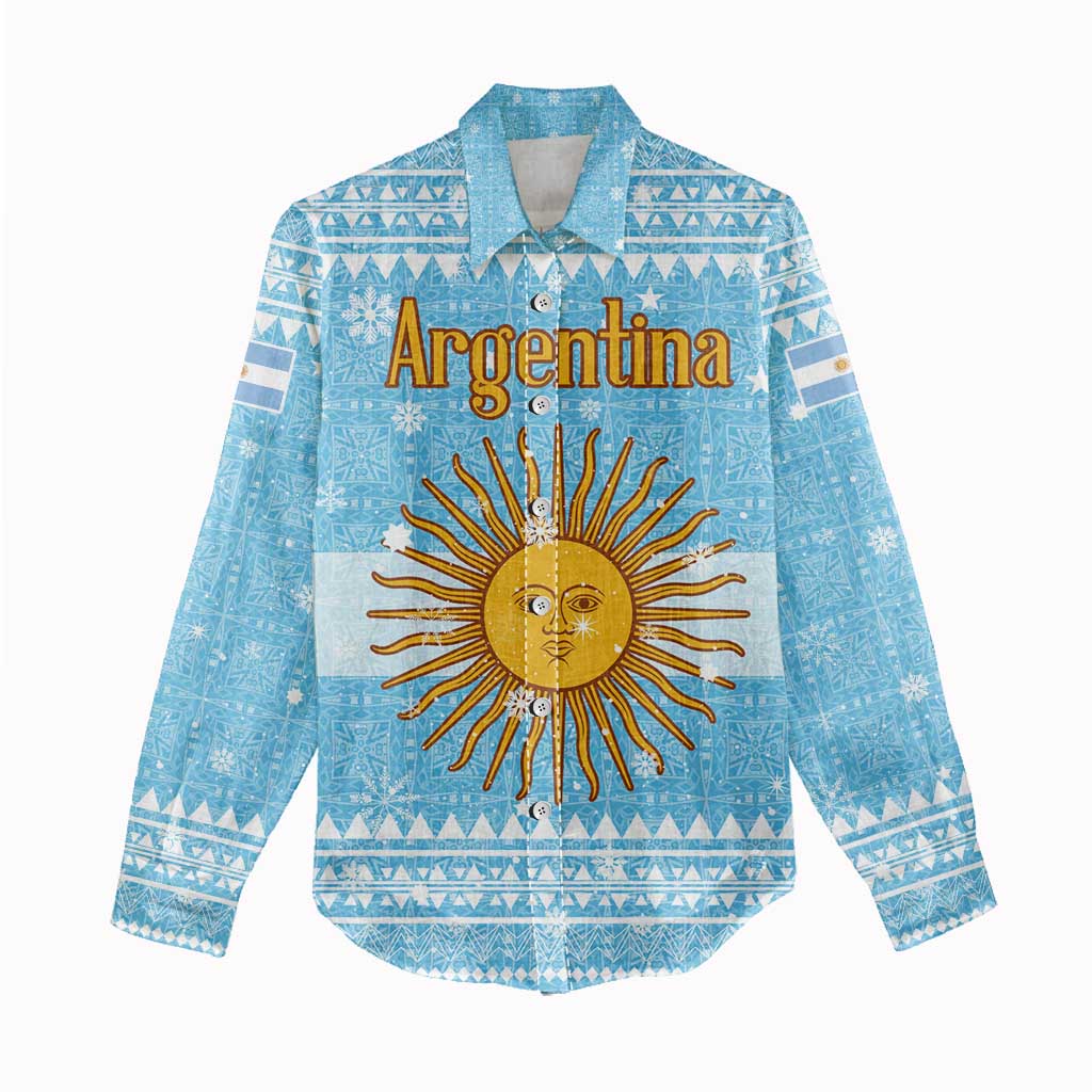 Argentina Christmas Women Casual Shirt with Blue-White Snowflake Pattern, Sun Emblem, and Map Motif - Wonder Print Shop