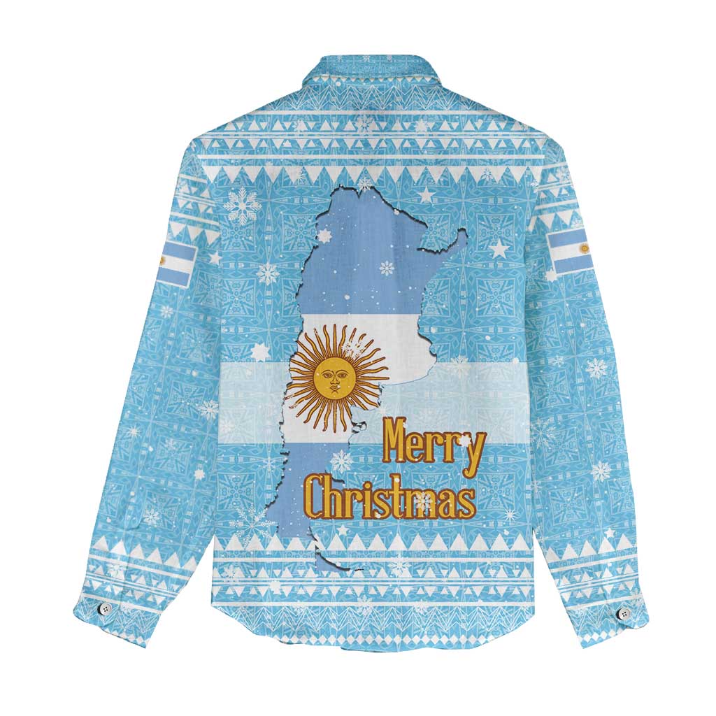 Argentina Christmas Women Casual Shirt with Blue-White Snowflake Pattern, Sun Emblem, and Map Motif - Wonder Print Shop
