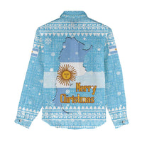 Argentina Christmas Women Casual Shirt with Blue-White Snowflake Pattern, Sun Emblem, and Map Motif - Wonder Print Shop