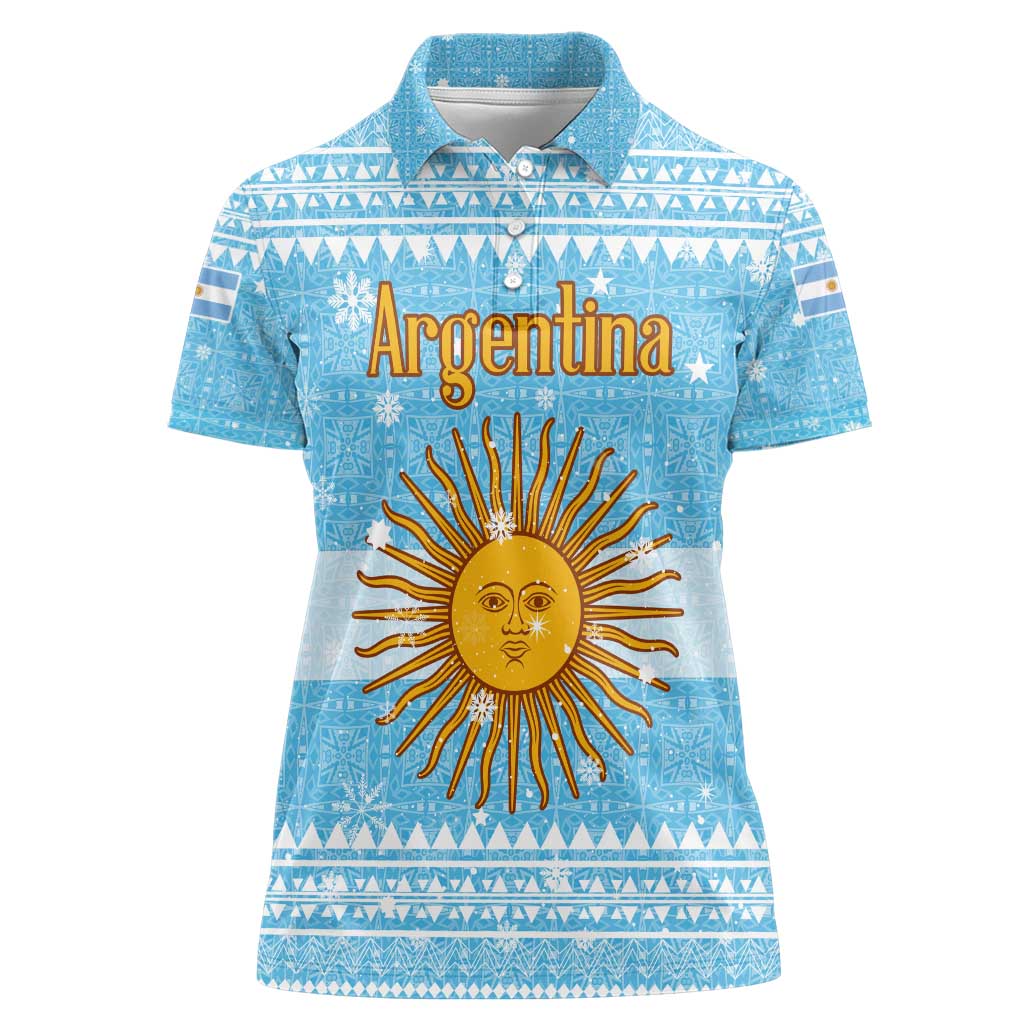 Argentina Christmas Women Polo Shirt with Blue-White Snowflake Pattern, Sun Emblem, and Map Motif - Wonder Print Shop