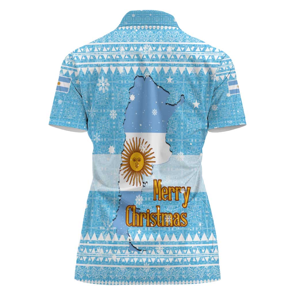 Argentina Christmas Women Polo Shirt with Blue-White Snowflake Pattern, Sun Emblem, and Map Motif - Wonder Print Shop
