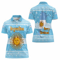 Argentina Christmas Women Polo Shirt with Blue-White Snowflake Pattern, Sun Emblem, and Map Motif - Wonder Print Shop