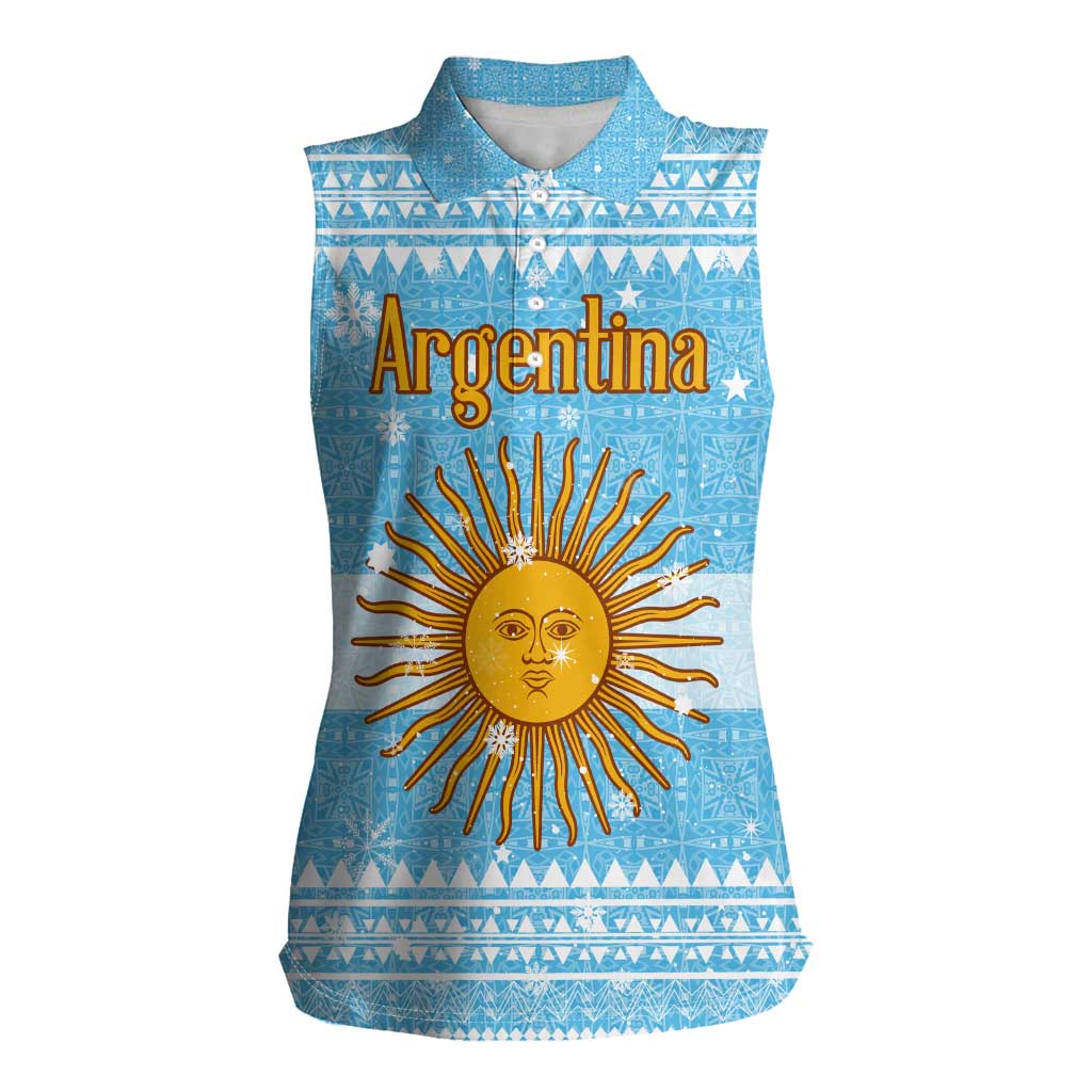 Argentina Christmas Women Sleeveless Polo Shirt with Blue-White Snowflake Pattern, Sun Emblem, and Map Motif - Wonder Print Shop