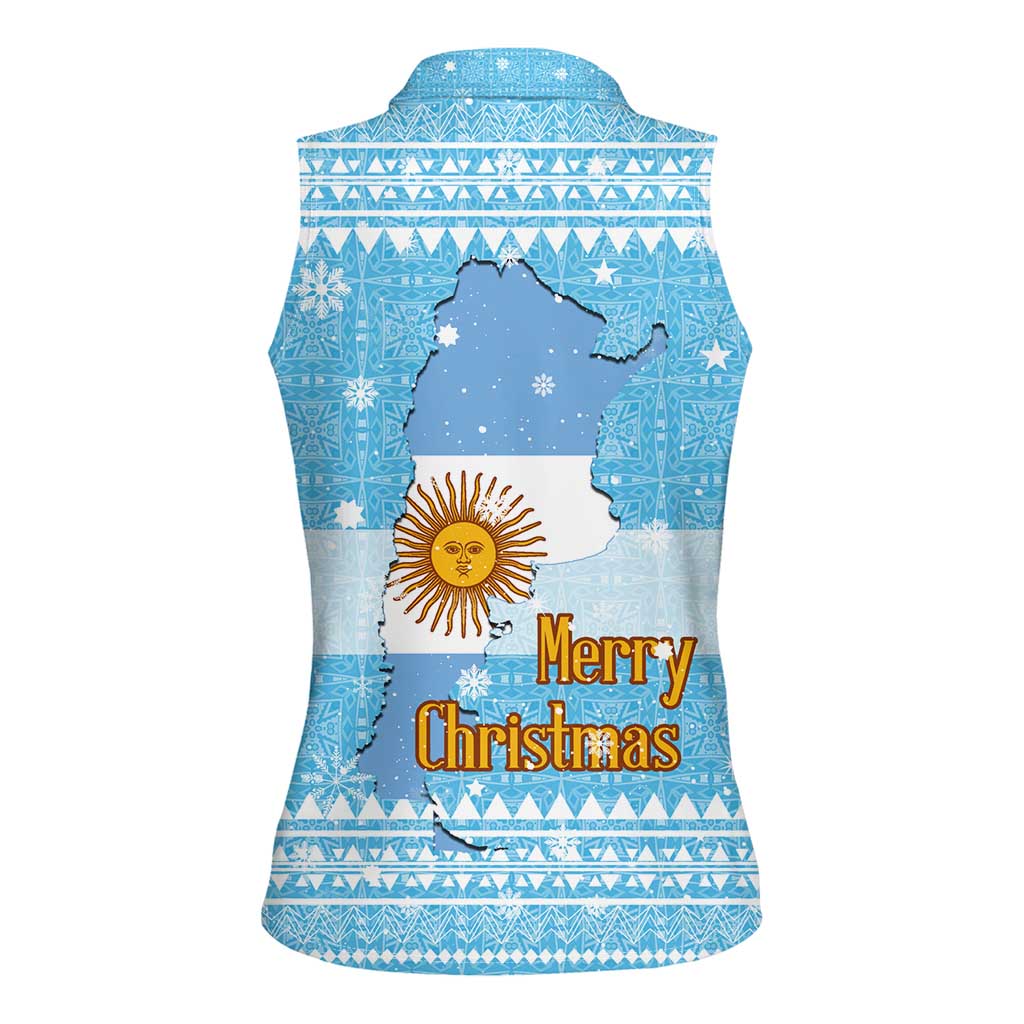 Argentina Christmas Women Sleeveless Polo Shirt with Blue-White Snowflake Pattern, Sun Emblem, and Map Motif - Wonder Print Shop