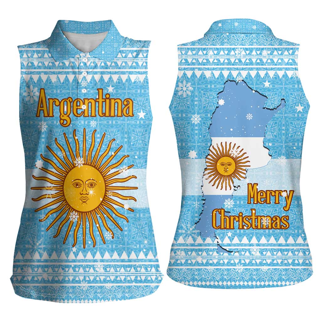 Argentina Christmas Women Sleeveless Polo Shirt with Blue-White Snowflake Pattern, Sun Emblem, and Map Motif - Wonder Print Shop