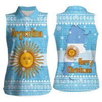 Argentina Christmas Women Sleeveless Polo Shirt with Blue-White Snowflake Pattern, Sun Emblem, and Map Motif - Wonder Print Shop