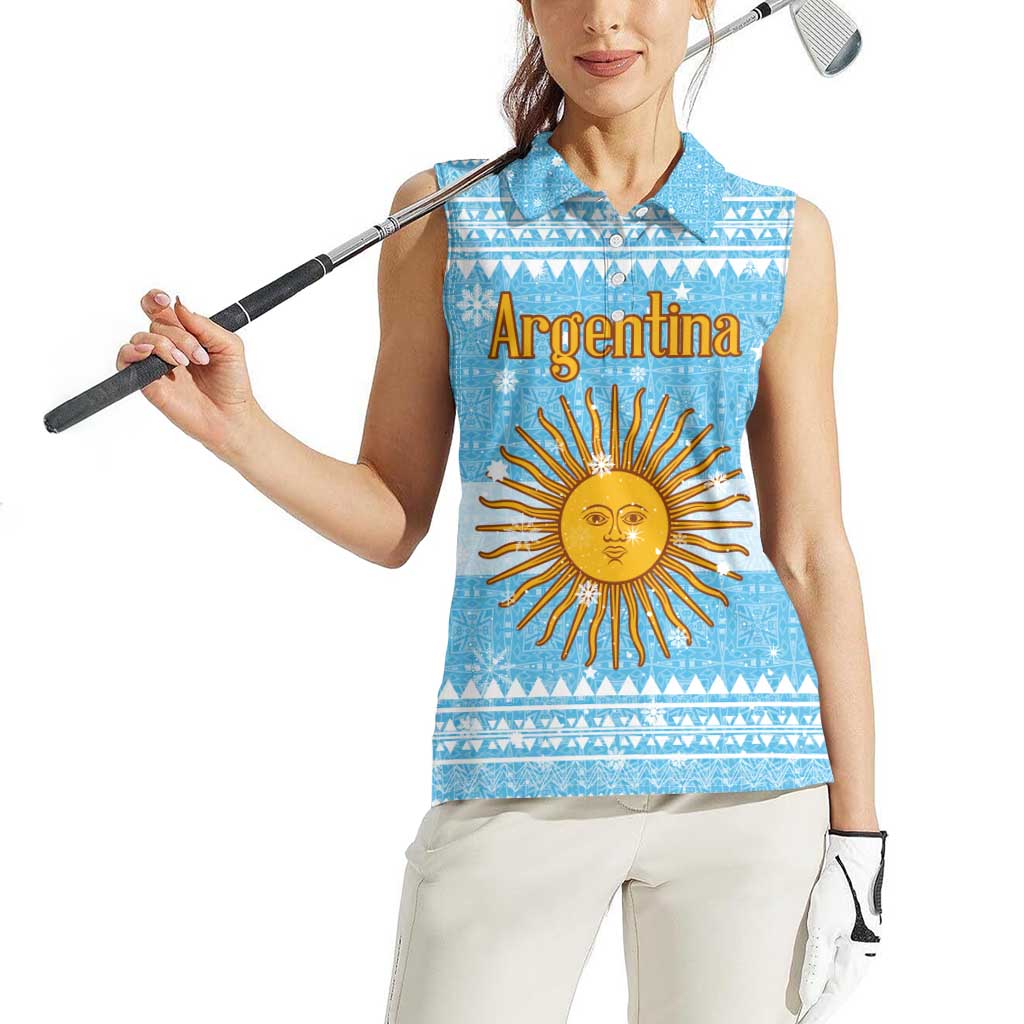 Argentina Christmas Women Sleeveless Polo Shirt with Blue-White Snowflake Pattern, Sun Emblem, and Map Motif - Wonder Print Shop