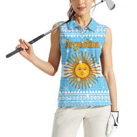 Argentina Christmas Women Sleeveless Polo Shirt with Blue-White Snowflake Pattern, Sun Emblem, and Map Motif - Wonder Print Shop