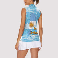Argentina Christmas Women Sleeveless Polo Shirt with Blue-White Snowflake Pattern, Sun Emblem, and Map Motif - Wonder Print Shop