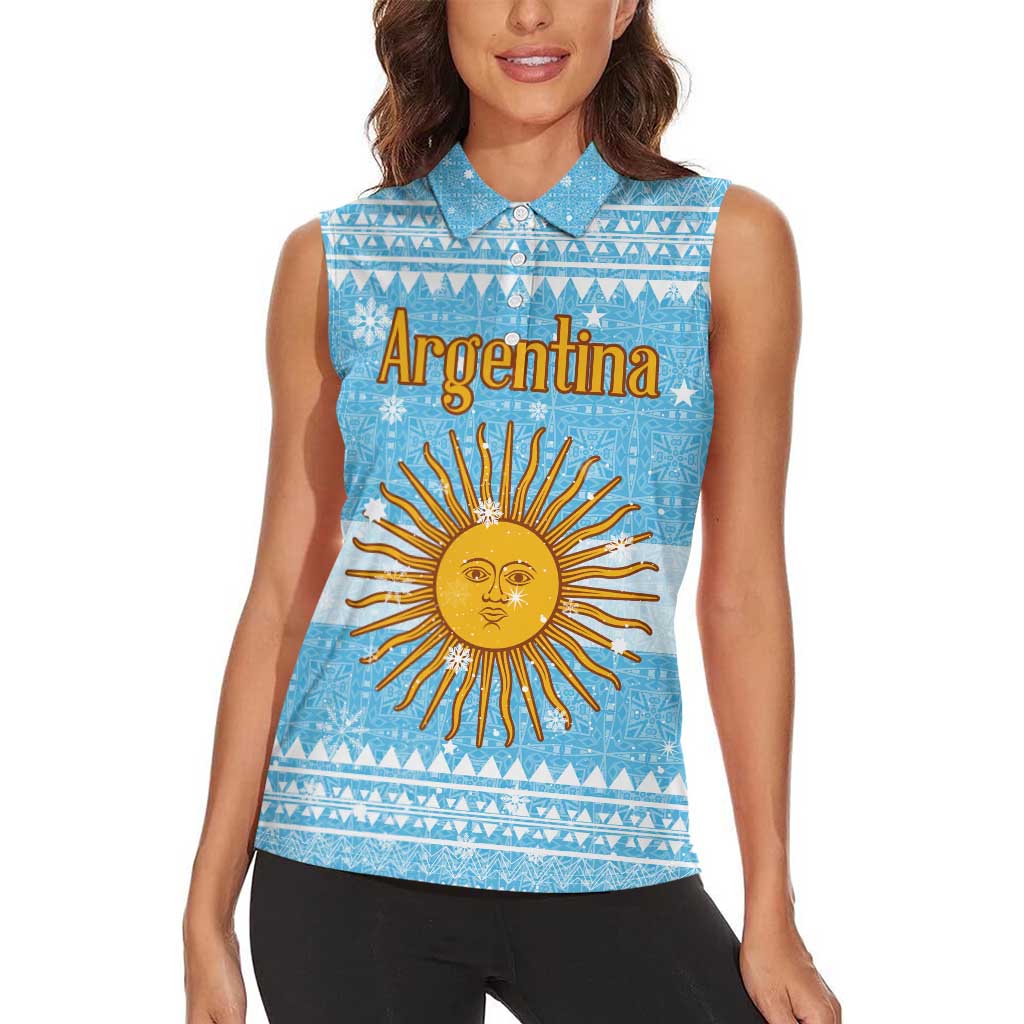 Argentina Christmas Women Sleeveless Polo Shirt with Blue-White Snowflake Pattern, Sun Emblem, and Map Motif - Wonder Print Shop