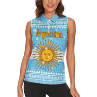 Argentina Christmas Women Sleeveless Polo Shirt with Blue-White Snowflake Pattern, Sun Emblem, and Map Motif - Wonder Print Shop