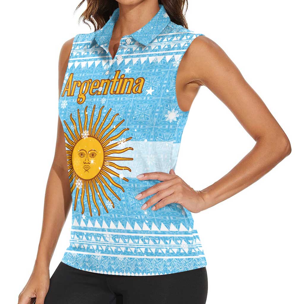 Argentina Christmas Women Sleeveless Polo Shirt with Blue-White Snowflake Pattern, Sun Emblem, and Map Motif - Wonder Print Shop