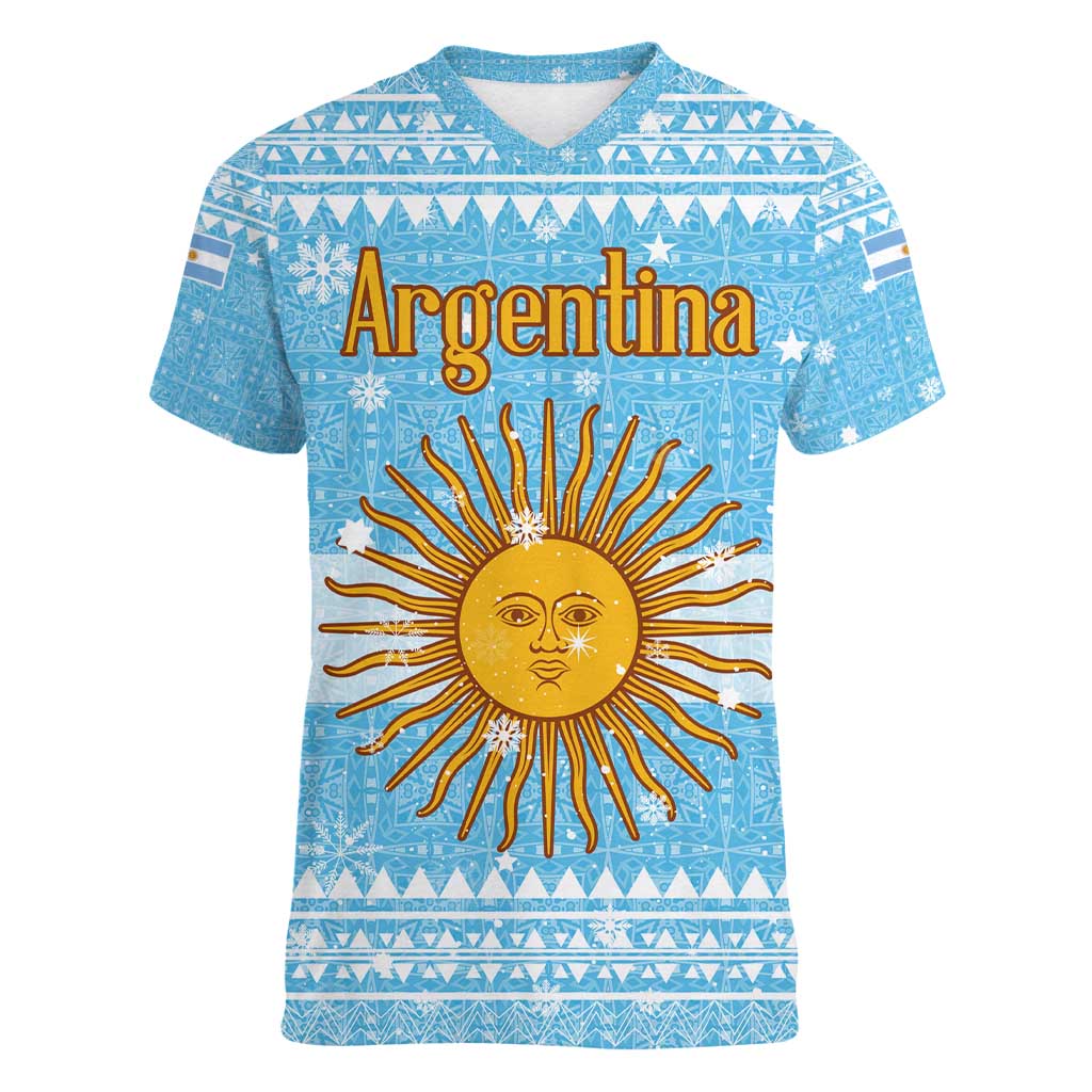 Argentina Christmas Women V-Neck T-Shirt with Blue-White Snowflake Pattern, Sun Emblem, and Map Motif - Wonder Print Shop