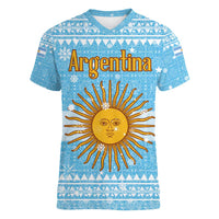 Argentina Christmas Women V-Neck T-Shirt with Blue-White Snowflake Pattern, Sun Emblem, and Map Motif - Wonder Print Shop