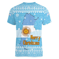 Argentina Christmas Women V-Neck T-Shirt with Blue-White Snowflake Pattern, Sun Emblem, and Map Motif - Wonder Print Shop