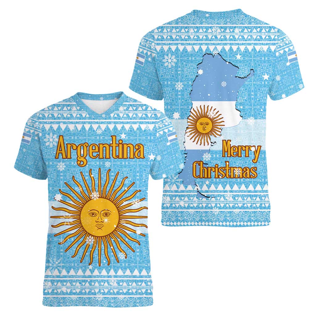 Argentina Christmas Women V-Neck T-Shirt with Blue-White Snowflake Pattern, Sun Emblem, and Map Motif - Wonder Print Shop