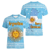 Argentina Christmas Women V-Neck T-Shirt with Blue-White Snowflake Pattern, Sun Emblem, and Map Motif - Wonder Print Shop