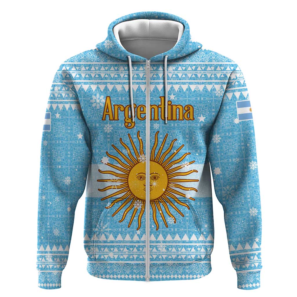 Argentina Christmas Zip Hoodie with Blue-White Snowflake Pattern, Sun Emblem, and Map Motif - Wonder Print Shop