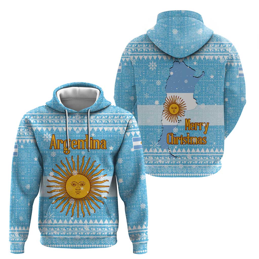 Argentina Christmas Zip Hoodie with Blue-White Snowflake Pattern, Sun Emblem, and Map Motif - Wonder Print Shop