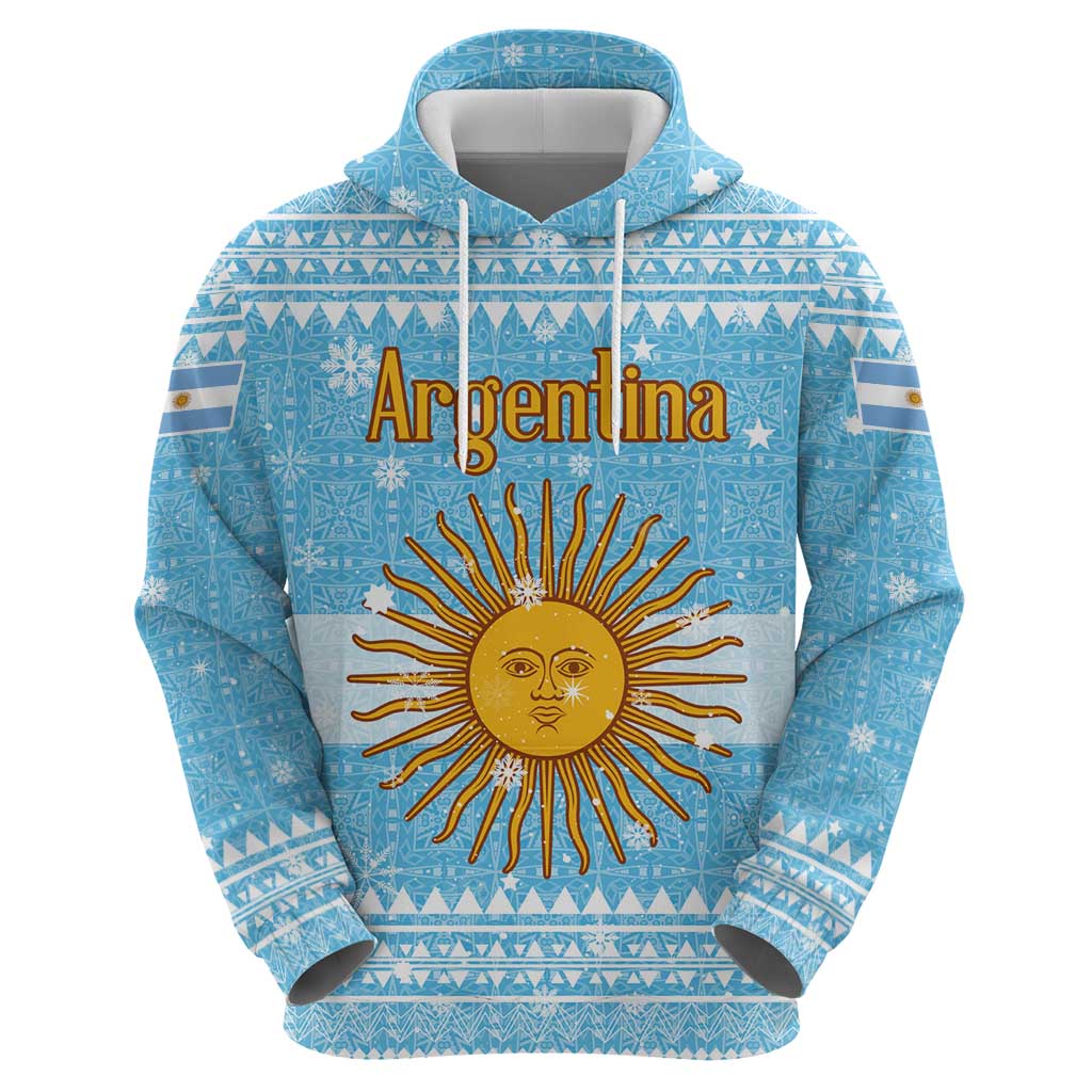 Argentina Christmas Zip Hoodie with Blue-White Snowflake Pattern, Sun Emblem, and Map Motif - Wonder Print Shop