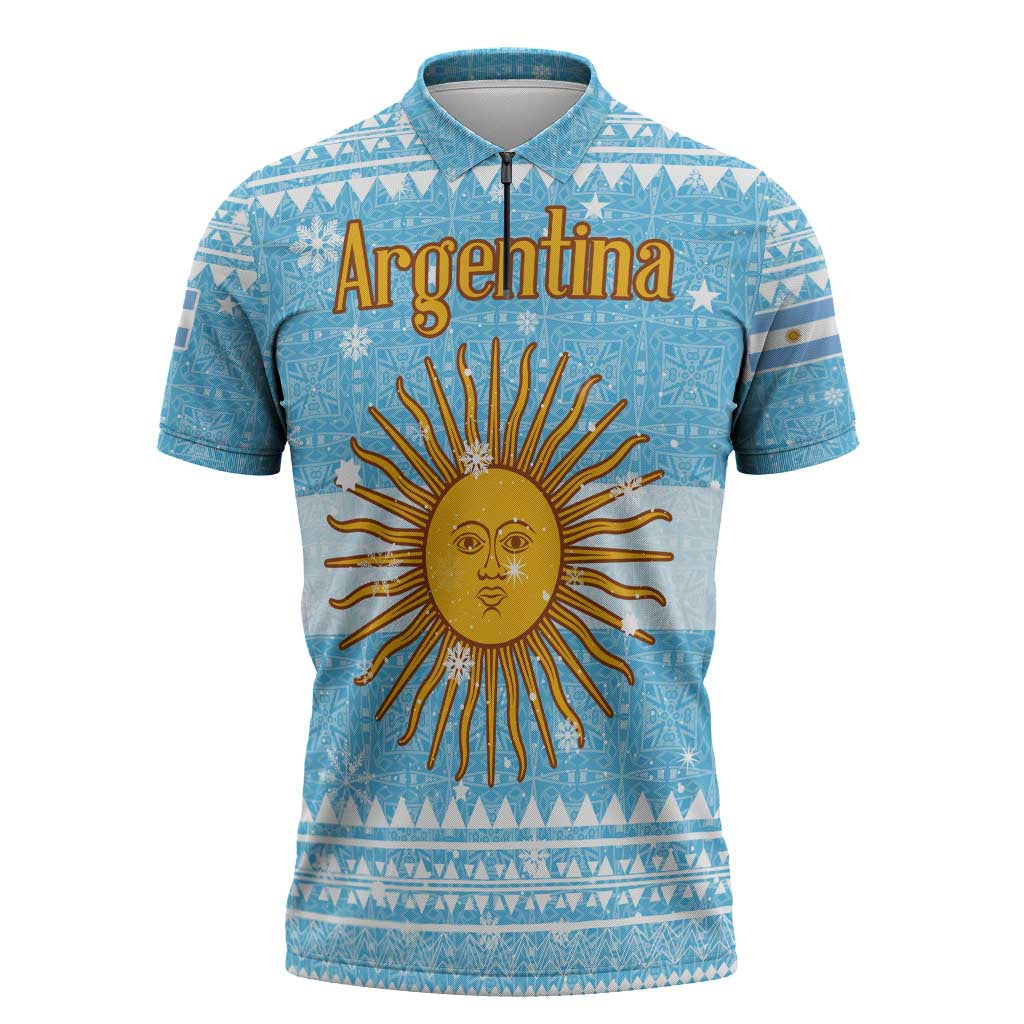 Argentina Christmas Zipper Polo Shirt with Blue-White Snowflake Pattern, Sun Emblem, and Map Motif - Wonder Print Shop
