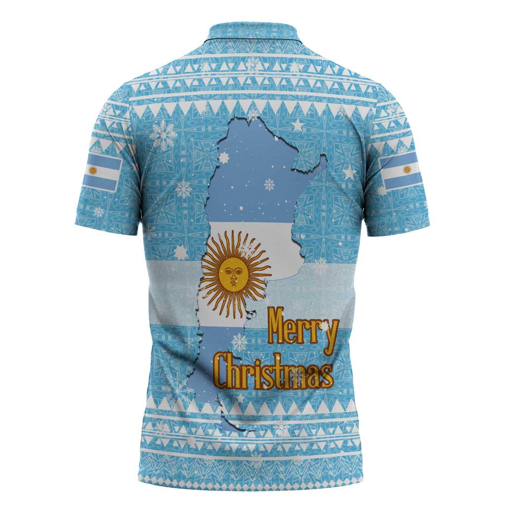 Argentina Christmas Zipper Polo Shirt with Blue-White Snowflake Pattern, Sun Emblem, and Map Motif - Wonder Print Shop