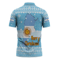 Argentina Christmas Zipper Polo Shirt with Blue-White Snowflake Pattern, Sun Emblem, and Map Motif - Wonder Print Shop