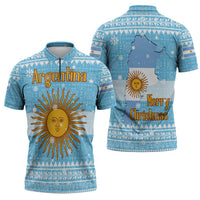 Argentina Christmas Zipper Polo Shirt with Blue-White Snowflake Pattern, Sun Emblem, and Map Motif - Wonder Print Shop