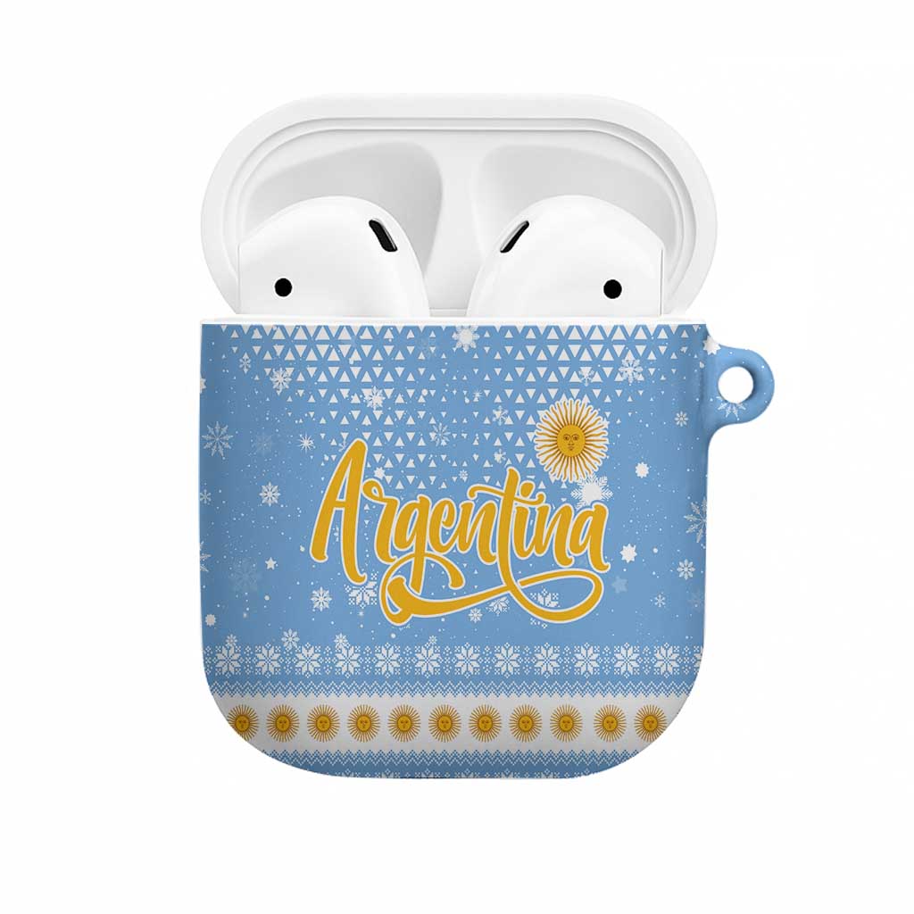 Argentina Christmas AirPods Case with Blue-White Snowflake Pattern, Sun Emblem, and Gaucho Santa Riding Horse Motif - Wonder Print Shop