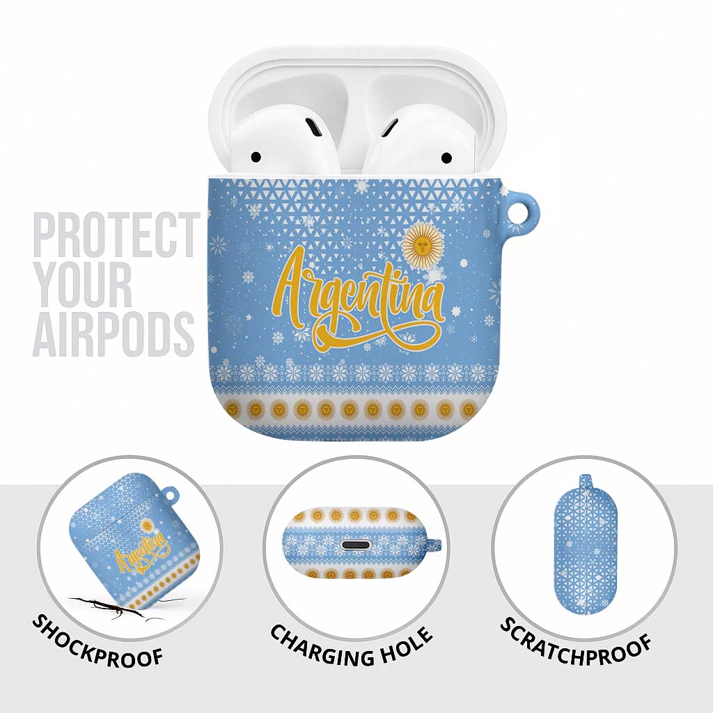 Argentina Christmas AirPods Case with Blue-White Snowflake Pattern, Sun Emblem, and Gaucho Santa Riding Horse Motif - Wonder Print Shop