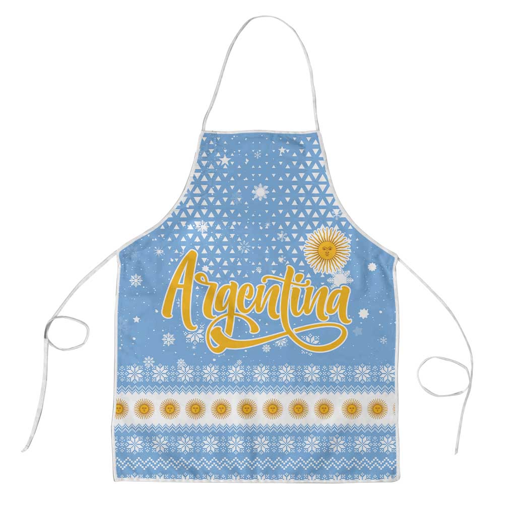 Argentina Christmas Apron with Blue-White Snowflake Pattern, Sun Emblem, and Gaucho Santa Riding Horse Motif - Wonder Print Shop