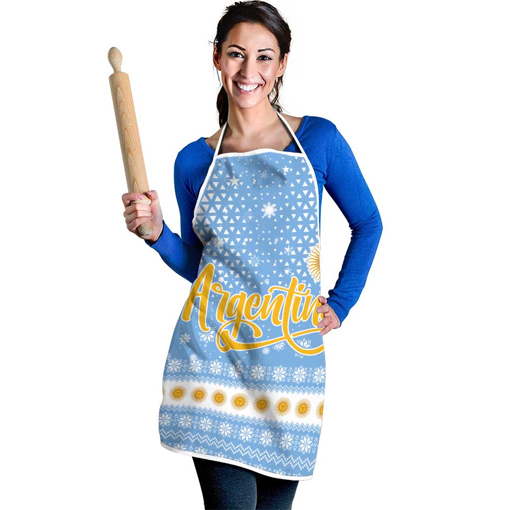 Argentina Christmas Apron with Blue-White Snowflake Pattern, Sun Emblem, and Gaucho Santa Riding Horse Motif - Wonder Print Shop