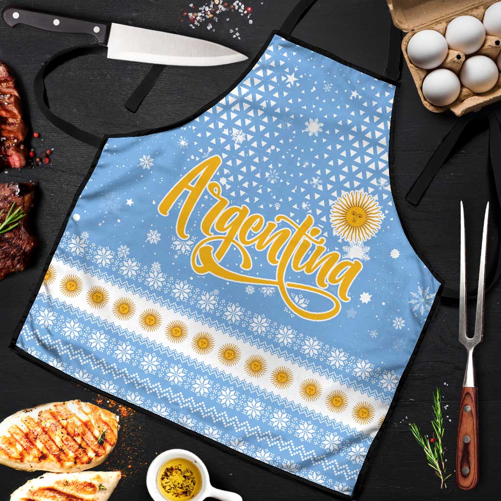Argentina Christmas Apron with Blue-White Snowflake Pattern, Sun Emblem, and Gaucho Santa Riding Horse Motif - Wonder Print Shop