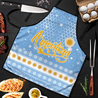 Argentina Christmas Apron with Blue-White Snowflake Pattern, Sun Emblem, and Gaucho Santa Riding Horse Motif - Wonder Print Shop