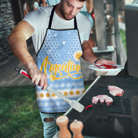 Argentina Christmas Apron with Blue-White Snowflake Pattern, Sun Emblem, and Gaucho Santa Riding Horse Motif - Wonder Print Shop