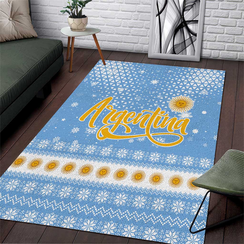 Argentina Christmas Area Rug with Blue-White Snowflake Pattern, Sun Emblem, and Gaucho Santa Riding Horse Motif - Wonder Print Shop