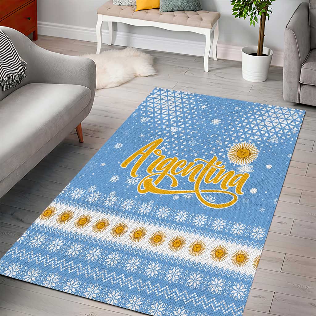 Argentina Christmas Area Rug with Blue-White Snowflake Pattern, Sun Emblem, and Gaucho Santa Riding Horse Motif - Wonder Print Shop