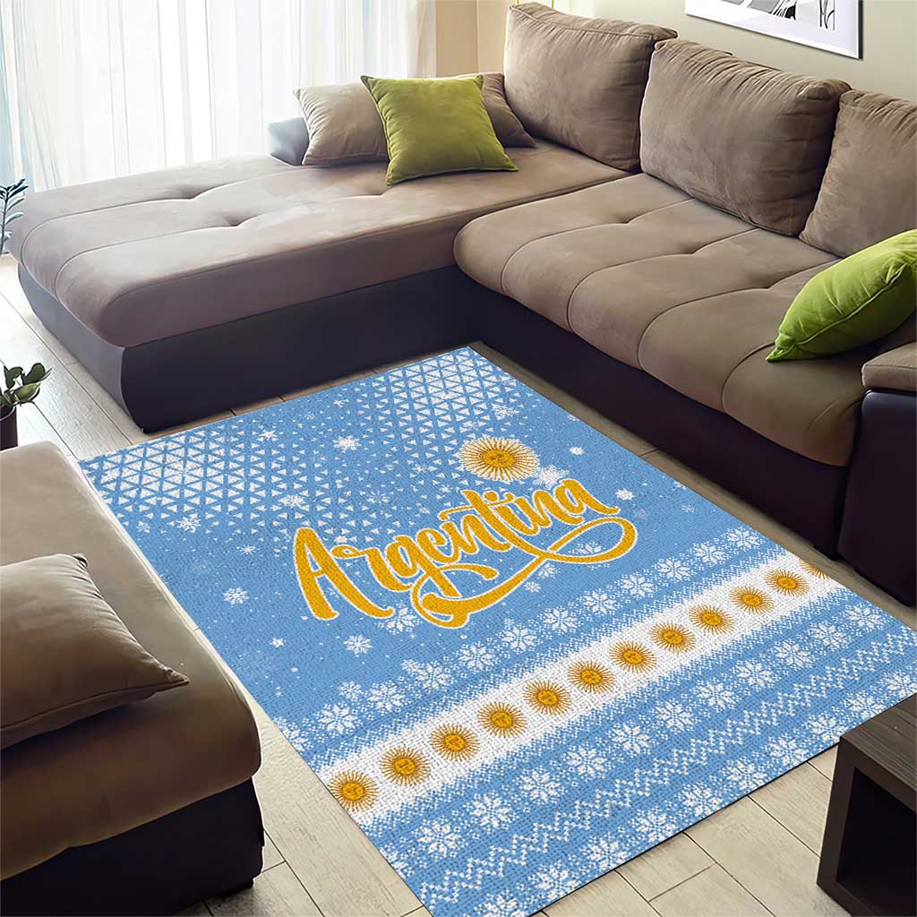 Argentina Christmas Area Rug with Blue-White Snowflake Pattern, Sun Emblem, and Gaucho Santa Riding Horse Motif - Wonder Print Shop