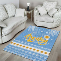 Argentina Christmas Area Rug with Blue-White Snowflake Pattern, Sun Emblem, and Gaucho Santa Riding Horse Motif - Wonder Print Shop