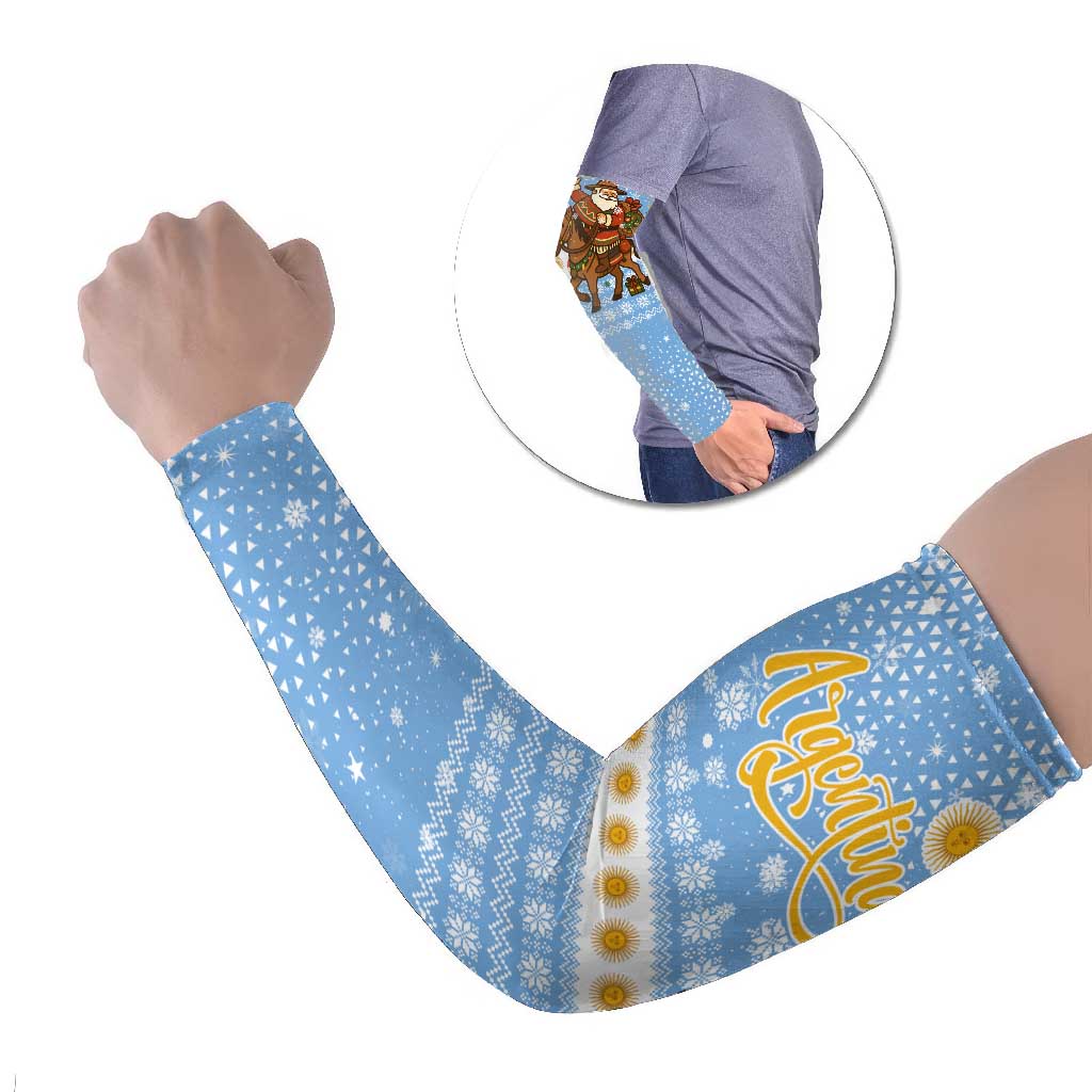Argentina Christmas Arm Sleeves with Blue-White Snowflake Pattern, Sun Emblem, and Gaucho Santa Riding Horse Motif - Wonder Print Shop