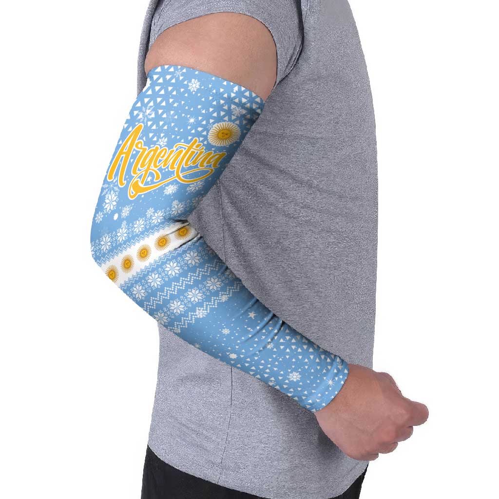 Argentina Christmas Arm Sleeves with Blue-White Snowflake Pattern, Sun Emblem, and Gaucho Santa Riding Horse Motif - Wonder Print Shop