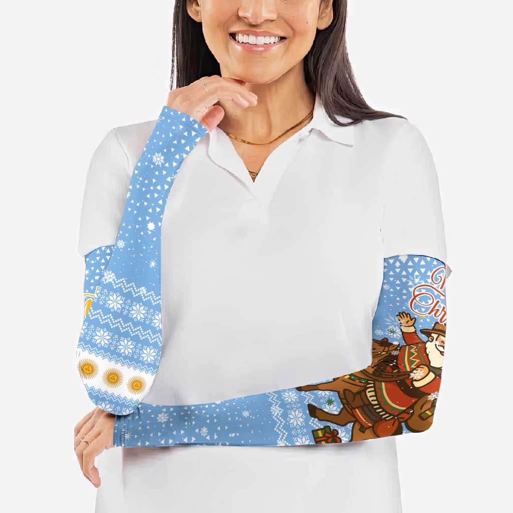 Argentina Christmas Arm Sleeves with Blue-White Snowflake Pattern, Sun Emblem, and Gaucho Santa Riding Horse Motif - Wonder Print Shop