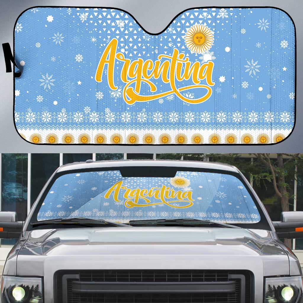 Argentina Christmas Auto Sun Shade with Blue-White Snowflake Pattern, Sun Emblem, and Gaucho Santa Riding Horse Motif - Wonder Print Shop