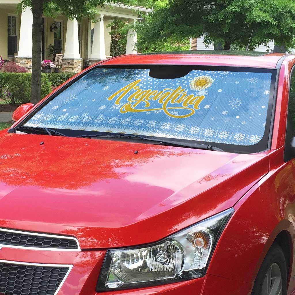 Argentina Christmas Auto Sun Shade with Blue-White Snowflake Pattern, Sun Emblem, and Gaucho Santa Riding Horse Motif - Wonder Print Shop