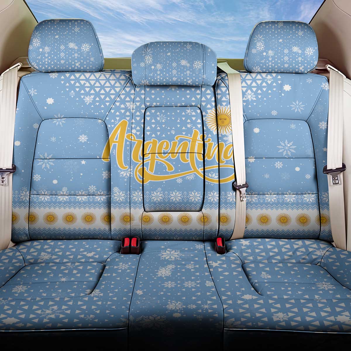 Argentina Christmas Back Car Seat Cover with Blue-White Snowflake Pattern, Sun Emblem, and Gaucho Santa Riding Horse Motif - Wonder Print Shop