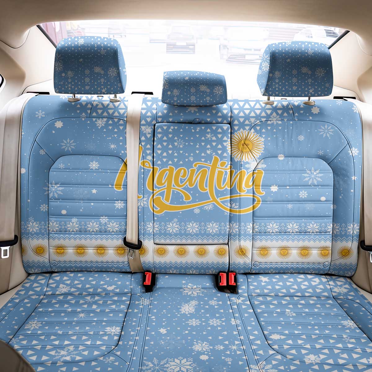 Argentina Christmas Back Car Seat Cover with Blue-White Snowflake Pattern, Sun Emblem, and Gaucho Santa Riding Horse Motif - Wonder Print Shop