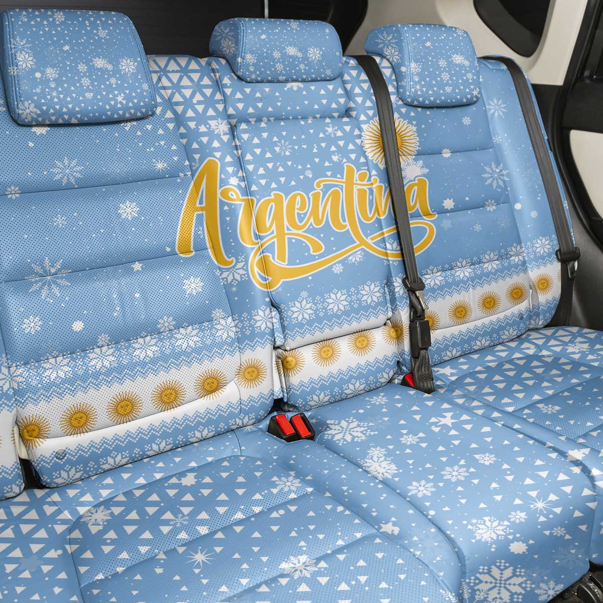 Argentina Christmas Back Car Seat Cover with Blue-White Snowflake Pattern, Sun Emblem, and Gaucho Santa Riding Horse Motif - Wonder Print Shop
