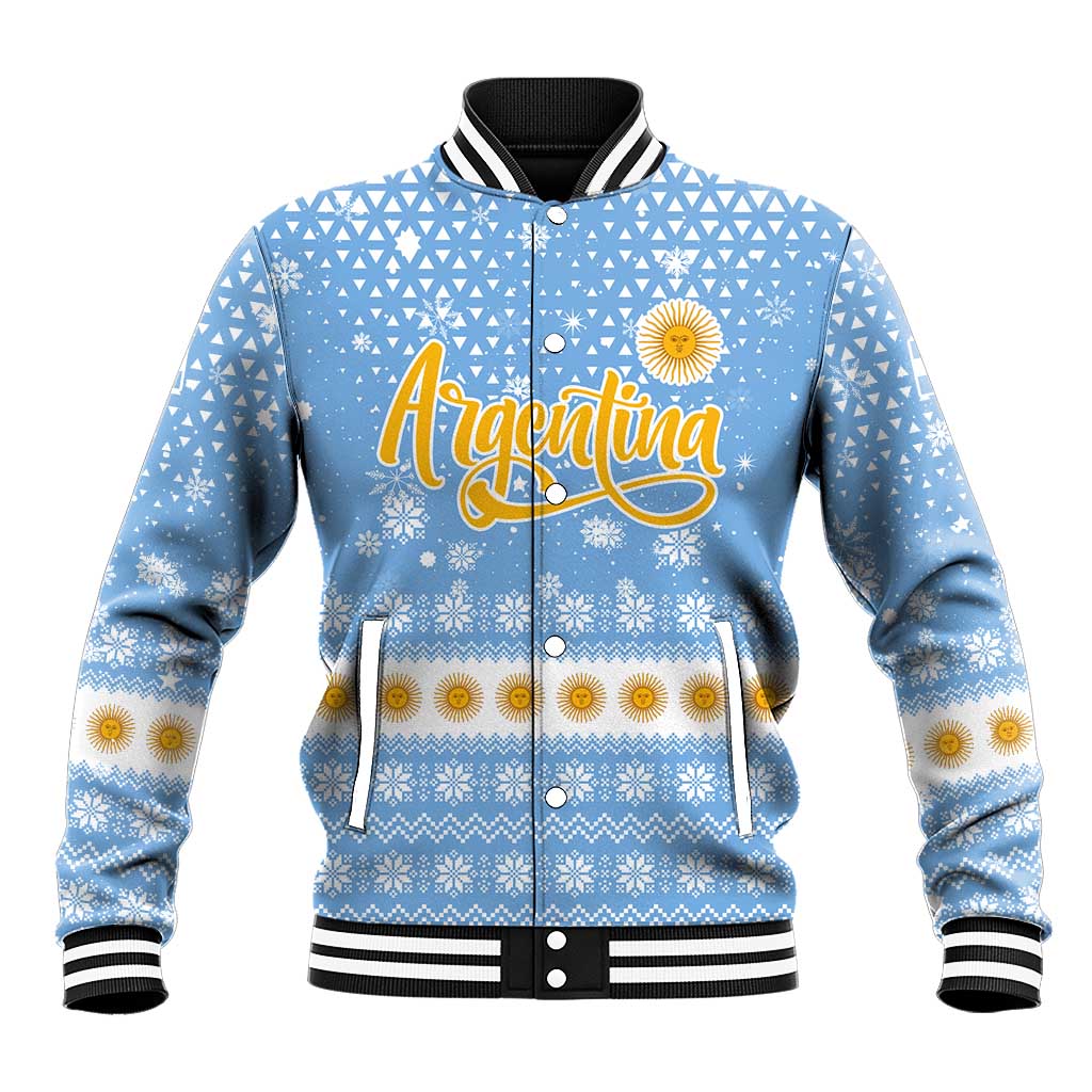 Argentina Christmas Baseball Jacket with Blue-White Snowflake Pattern, Sun Emblem, and Gaucho Santa Riding Horse Motif - Wonder Print Shop