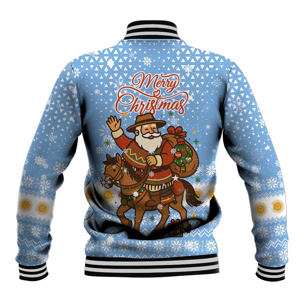 Argentina Christmas Baseball Jacket with Blue-White Snowflake Pattern, Sun Emblem, and Gaucho Santa Riding Horse Motif - Wonder Print Shop