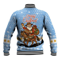 Argentina Christmas Baseball Jacket with Blue-White Snowflake Pattern, Sun Emblem, and Gaucho Santa Riding Horse Motif - Wonder Print Shop
